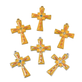 304 Stainless Steel with Orange Enamel Pendants, with Rhinestone, Cross Charms