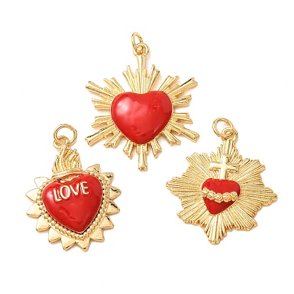 Brass Pendants, with Red Enamel, Sacred Heart Charms, Rack Plating, Long-Lasting Plated, Lead Free & Cadmium Free