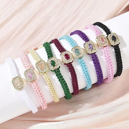 Pulseras rectangulares trenzadas de cuentas con circonitas cúbicas y pavé de latón, pulseras de cuerda de nylon ajustable, larga duración plateado, chapado en rack, dorado