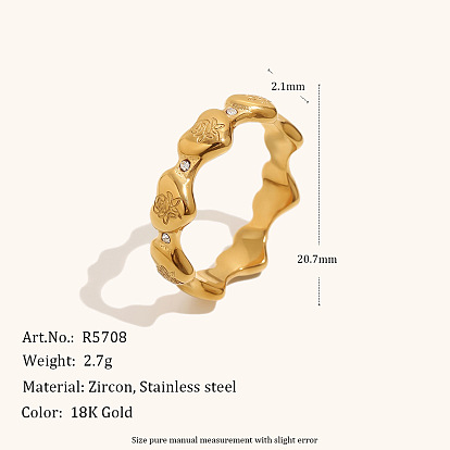 304 Кольца из нержавеющей стали с микропаве из прозрачного кубического циркония, Сердце & цветок