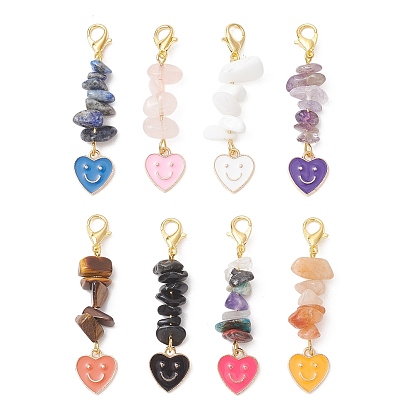 8 pièces 8 couleurs alliage émail cœur visage souriant et décorations pendentif en éclats de pierres précieuses naturelles et synthétiques, avec alliage de zinc homard fermoirs pince