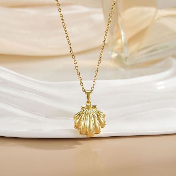 Ожерелье-цепочка из латуни в форме открывающейся раковины с имитирующей жемчужиной внутри для женщин.