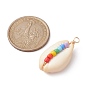 Natural Cowrie Shell Copper Wire Wrapped Pendants, Shell Shaped Charms with Glass Seed Beads, Golden