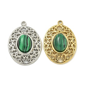 304 Stainless Steel Pendants, Synthetic Malachite Oval Charms