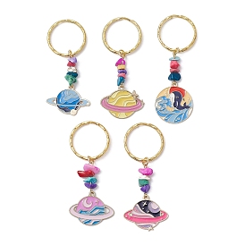 Porte-clés pendentif en émail en alliage planète, avec perles turquoise synthétiques et porte-clés fendus en fer