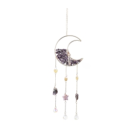 Natural Amethyst Chips Beaded Moon Hanging Sun Catchers, with Glass Teardrop, with Iron Findings