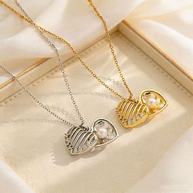 Brass Micro Pave Clear Cubic Zirconia Hollow Heart Pendant 304 Stainless Steel Cable Chain Necklaces for Women, with Imitation Pearl