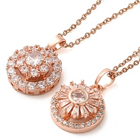 Brass Pave Clear Glass Flower Pendant Necklaces, 304 Stainless Steel Cable Chain Necklaces