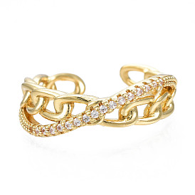 Sparkling Cubic Zirconia Criss Cross Cuff Ring, Brass Curb Chain Shape Open Ring for Women, Nickel Free