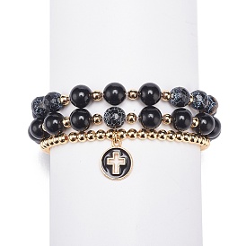 3 pcs 3 style obsidienne naturelle sans yeux & agate craquelée & bracelets extensibles perlés en laiton, bracelets empilables de charmes de croix d'émail d'alliage pour des femmes