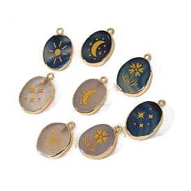 Natural Agate Pendants, Oval Charms with Golden Brass Slices