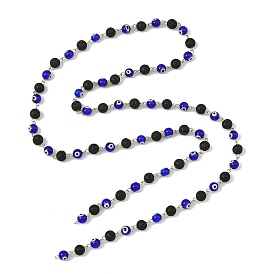 Round Handmade Evil Eye Lampwork Baeded & Natural Lava Rock Beaded Chain, with 304 Stainless Steel Eye Pins