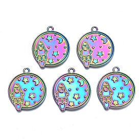 Rack Plating Rainbow Color Alloy Pendants, Cadmium Free & Nickel Free & Lead Free, Flat Round with Rocket & Star