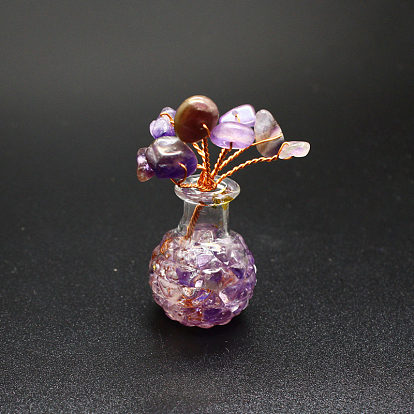 Natural Gemstone Chips Tree Decorations, Vase Base with Copper Wire Feng Shui Energy Stone Gift for Home Office Desktop Decoration