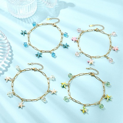 Браслеты на лодыжку из окрашенных синтетических бирюзовых бусин для женщин, морская звезда и куб, 304 Цепочки из нержавеющей стали и стекло