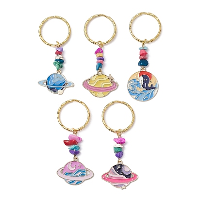 Planet Alloy Enamel Pendant Keychain, with Synthetic Turquoise Beads and Iron Split Key Rings
