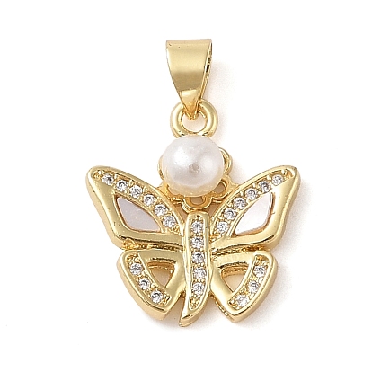 Brass & Shell & Clear Cubic Zirconia Pendants, Cadmium Free & Lead Free, with ABS Plastic Pearl, Butterfly