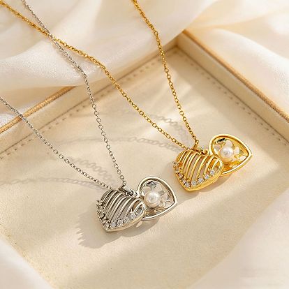 Brass Micro Pave Clear Cubic Zirconia Hollow Heart Pendant 304 Stainless Steel Cable Chain Necklaces for Women, with Imitation Pearl
