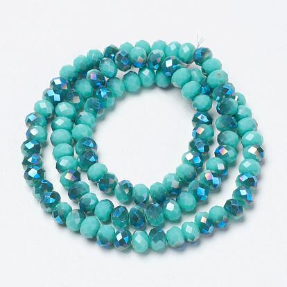 Electroplate Opaque Solid Color Glass Beads Strands, Half Plated, Blue Plated, Faceted, Rondelle