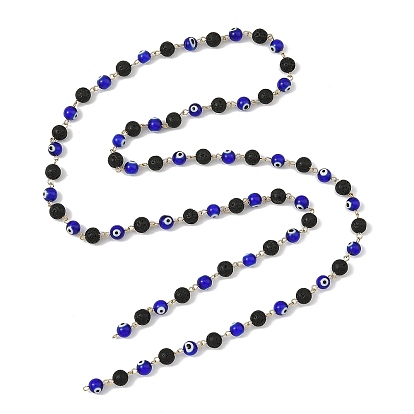 Round Handmade Evil Eye Lampwork Baeded & Natural Lava Rock Beaded Chain, with 304 Stainless Steel Eye Pins