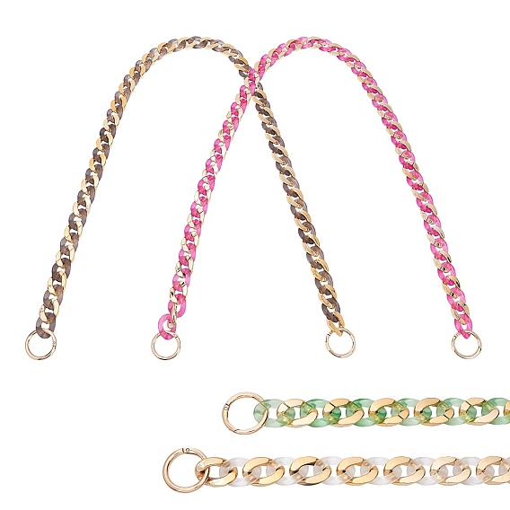 4 Strands 4 Color Handmade Golden Plated CCB Plastic & Transparent Acrylic Cuban Link Chains, Twisted Chains, for Jewelry Making, with 8Pcs Zinc Alloy Key Clasps