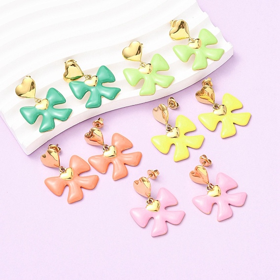 304 серьги-гвоздики с бантиками из нержавеющей стали и эмалью, ионное покрытие (ip), реальный 18 k позолоченный