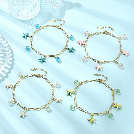 Браслеты на лодыжку из окрашенных синтетических бирюзовых бусин для женщин, морская звезда и куб, 304 Цепочки из нержавеющей стали и стекло