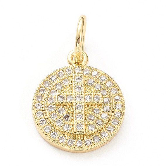 Латунные микропаве прозрачные подвески с фианитом, долговечный, плоские круглые с крестом