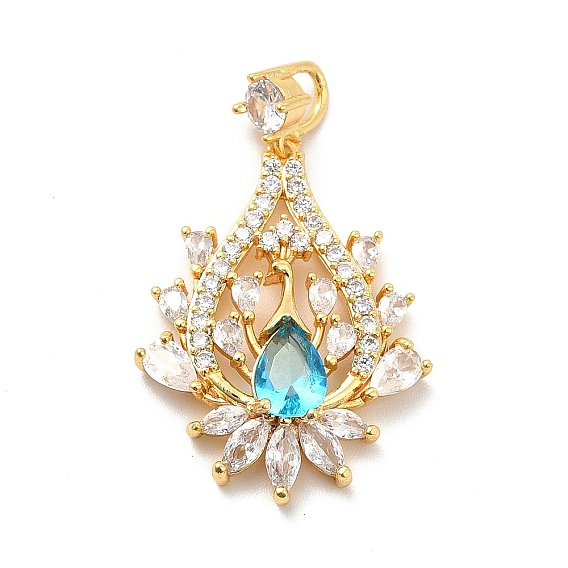 Brass Clear Cubic Zirconia Pendants, with Glass Rhinestone, Teardrop with Peacock Charm, Real 18K Gold Plated