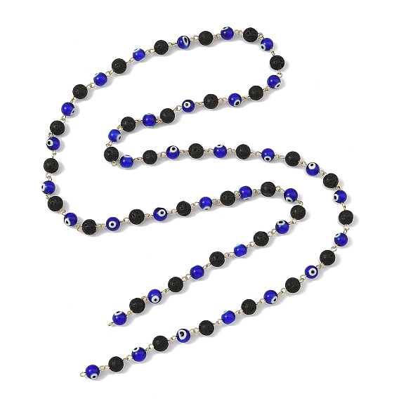 Round Handmade Evil Eye Lampwork Baeded & Natural Lava Rock Beaded Chain, with 304 Stainless Steel Eye Pins
