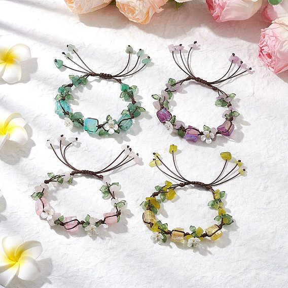 4Pcs Electroplated Natural Rose Quartz & Amethyst & Green Aventurine Olive Jade Chip Bead Braided Bead Bracelets for Women, Flower, with Electroplated Natural Quartz Beads & Acrylic Charms