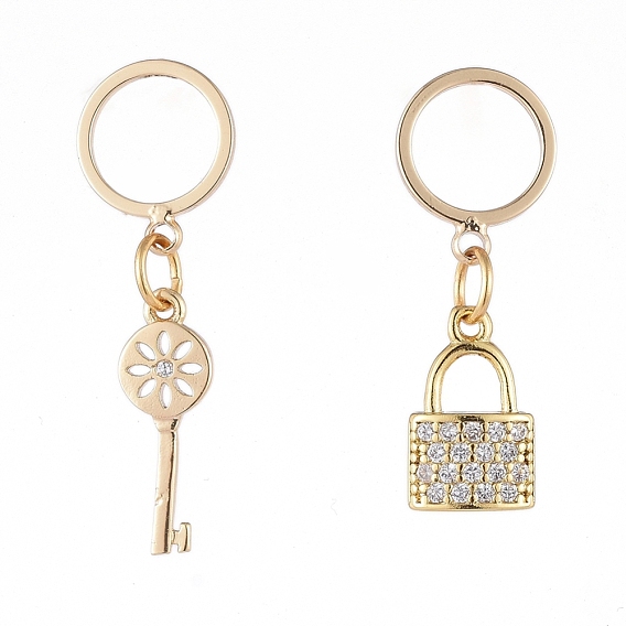 Brass Dangle Stud Earrings, Asymmetrical Earrings, with Brass Micro Pave Cubic Zirconia Pendants, Plastic Ear Nuts and Cardboard Boxes, Lock & Key