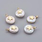 Natural Cultured Freshwater Pearl Pendants, with Brass Findings, Long-Lasting Plated, Flat Round with Star, Real 18K Gold Plated