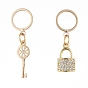 Brass Dangle Stud Earrings, Asymmetrical Earrings, with Brass Micro Pave Cubic Zirconia Pendants, Plastic Ear Nuts and Cardboard Boxes, Lock & Key