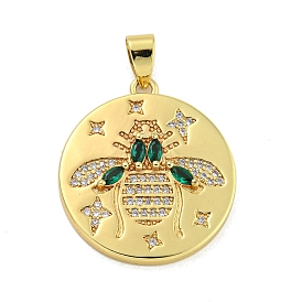 Real 18K Gold Plated Brass Micro Pave Cubic Zirconia Pendants, with Glass, Flat Round with Bees