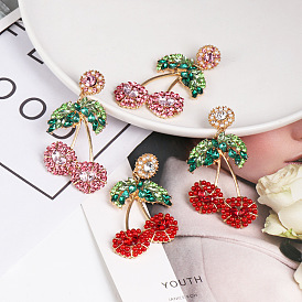Cherry Earrings with Rhinestones, Handmade and Minimalistic Fruit Design
