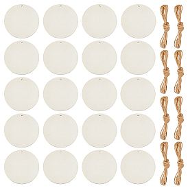 50Pcs Unfinished Wood Big Pendants, with 5Pcs Jute Cord, Flat Round