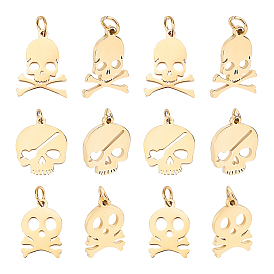 12Pcs 3 Style 304 Stainless Steel Charms, with Jump Rings, Laser Cut, Skull, for Halloween