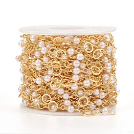 Brass Handmade Beaded Chain, with Round Glass Beads, Long-Lasting Plated, Soldered, with Spool, Ring