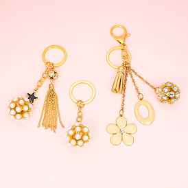 Sparkling Crystal Keychain with Clover and Star Charms, Pearl Alloy Ball Pendant