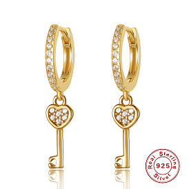925 Sterling Silver Key Earrings with Diamonds for Women - Vintage Long Dangle Ear Jewelry