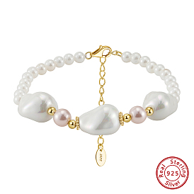 Adjustable Natural Shell Pearl Beaded Bracelets, 925 Sterling Silver Clasps Bracelets for Women