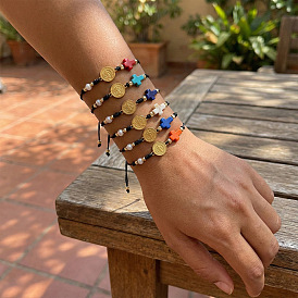 Браслеты ручной работы из латунных звеньев, Браслеты из окрашенных синтетических бирюзовых бусин, плетеные из бусин, для женщин и мужчин., Плоская круглая фигурка со святым Бенедиктом и крестом.