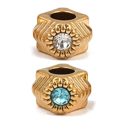 304 Stainless Steel Rhinestone European Beads, Large Hole Beads, Rhombus, Ion Plating(IP), Long-Lasting Plated