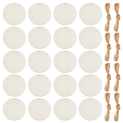 50Pcs Unfinished Wood Big Pendants, with 5Pcs Jute Cord, Flat Round