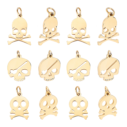 12Pcs 3 Style 304 Stainless Steel Charms, with Jump Rings, Laser Cut, Skull, for Halloween