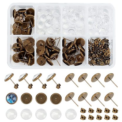 Kits para hacer aretes de media caña en pares, incluyendo cabujones de vidrio transparente, engastes de aretes de latón y tuercas de oreja de hierro