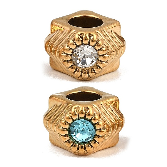 304 Stainless Steel Rhinestone European Beads, Large Hole Beads, Rhombus, Ion Plating(IP), Long-Lasting Plated