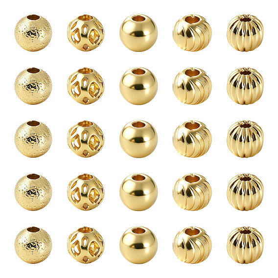 50Pcs 5 Styles Brass Spacer Beads, Cadmium Free & Nickel Free & Lead Free, Round