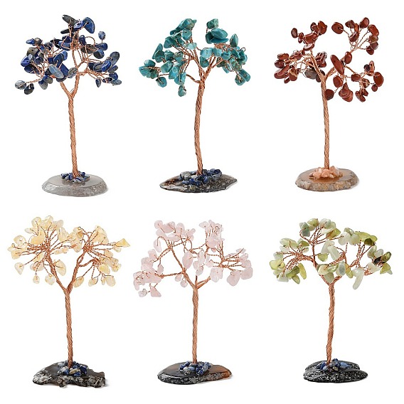 Natural & Synthetic Gemstone Chips Tree Display Decorations, with Brass Wire Wrapped Feng Shui Ornament for Fortune